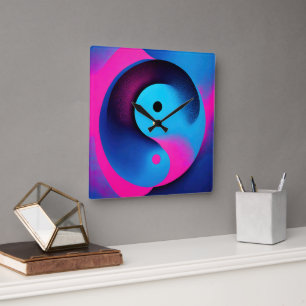 Relógio Quadrado Simetria Espiritual Yin Yang Abstrato Art Colorida