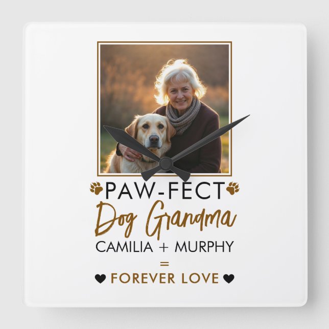 Relógio Quadrado Simples Brown & Black Text Dog Foto da vovó (Frente)