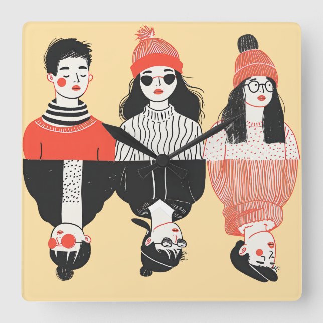 Relógio Quadrado Simples desenho moderno de pessoas legal (Frente)