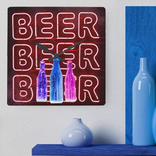 Relógio Quadrado Sinal de Cerveja LED Neon Vermelho