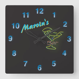 Relógio Quadrado Sinal de Neon Azul - Tavern de Mancave Personalizá