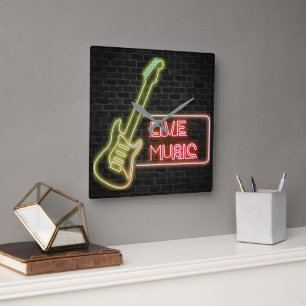 Relógio Quadrado Sinal de neon guitarra no tijolo