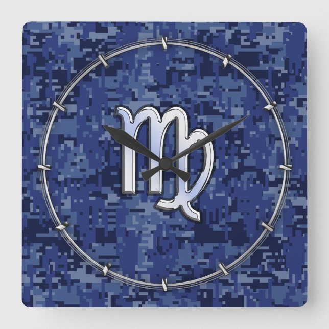 Relógio Quadrado Sinal de Virgo Zodiac no Marinho Blue Digital Camo (Frente)