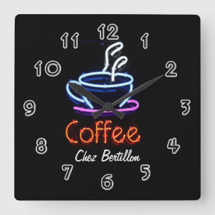Relógio Quadrado Sinal Neon Personalizado Café Coffee