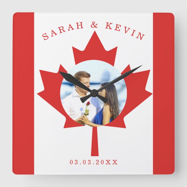 Relógio Quadrado Sinalizador Canadiano de Foto Personalizada (Frente)