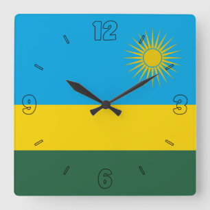Relógio Quadrado Sinalizador Ruanda Números de Sol Azul Amarelo Ve