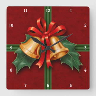Relógio Quadrado Sinos de Natal e Holly deixa vermelho