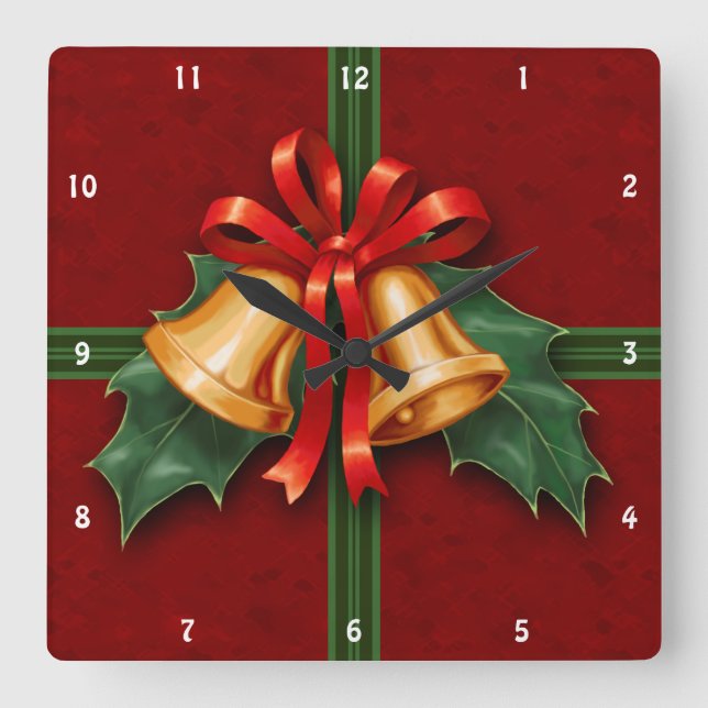 Relógio Quadrado Sinos de Natal e Holly deixa vermelho (Frente)