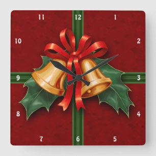 Relógio Quadrado Sinos de Natal e Holly Sai Vermelho
