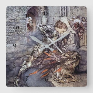 Relógio Quadrado "Sir Lancelot lança o dragão" por Arthur Rackham