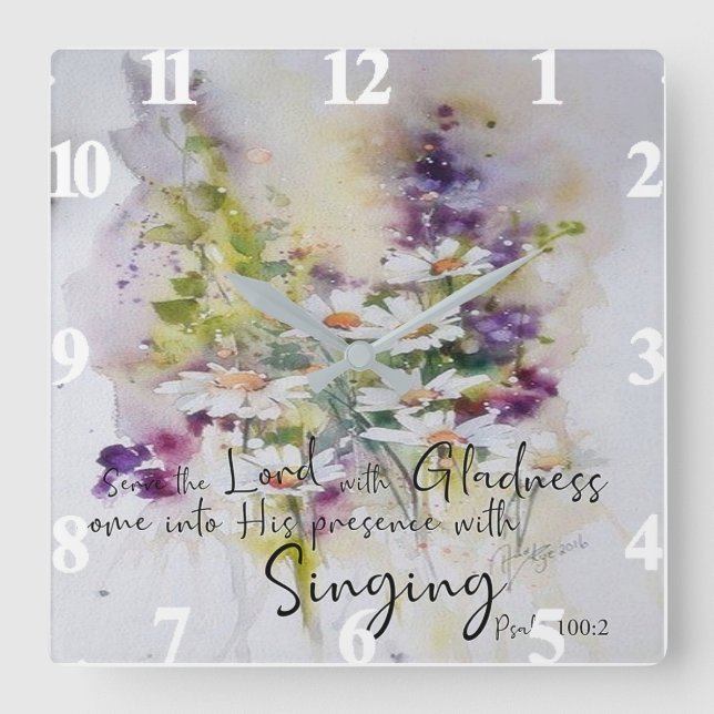Relógio Quadrado Sirva o Senhor com glória floral (Frente)