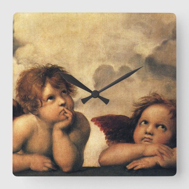 Relógio Quadrado Sistine Madonna Angels por Raphael Sanzio (Frente)