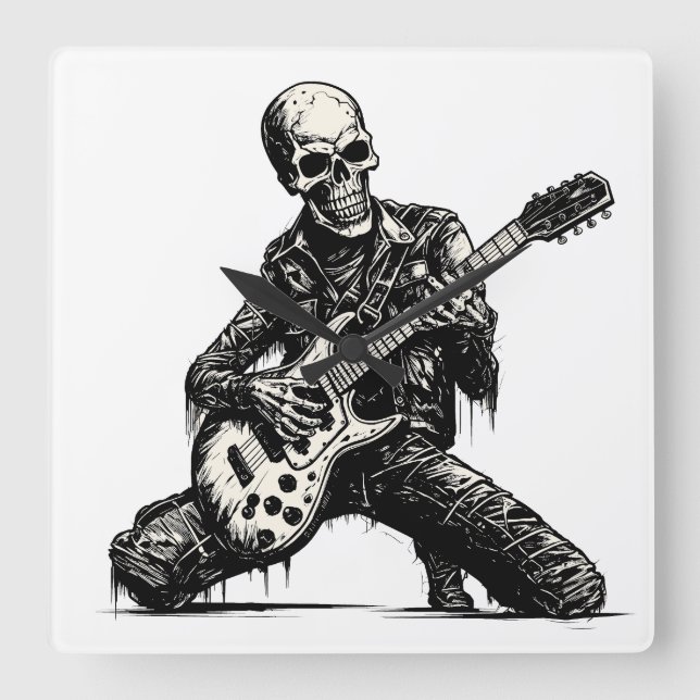 Relógio Quadrado  skeleton playing an electric guitar (Frente)
