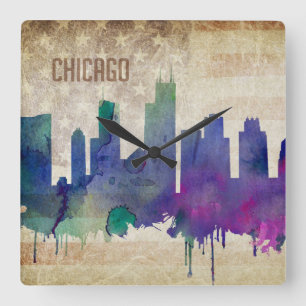 Relógio Quadrado Skyline da cidade da aguarela de Chicago, IL
