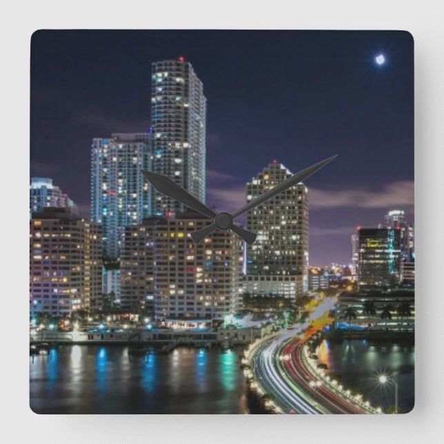 Relógio Quadrado Skyline da cidade de Miami com a ponte na noite (Frente)