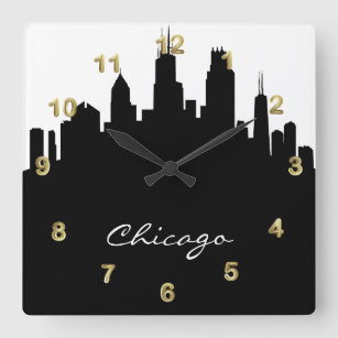 Relógio Quadrado Skyline de Chicago branca e negra
