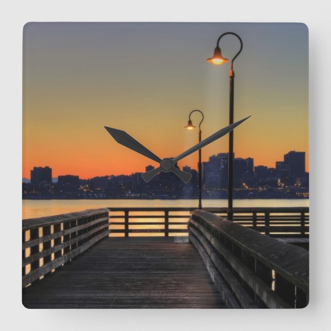 Relógio Quadrado Skyline do centro de Seattle Washington (Frente)