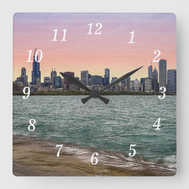Relógio Quadrado Skyline Painterly Wall Clock de Chicago (Frente)