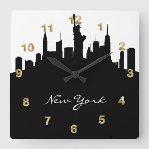 Relógio Quadrado Skyline preto e branco de New York