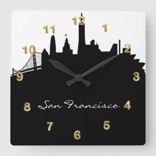 Relógio Quadrado Skyline preto e branco de San Francisco