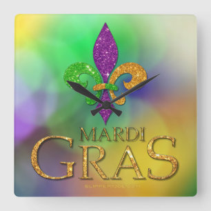 Relógio Quadrado SlipperyJoe's festivo tema Mardi Gras roxo gre