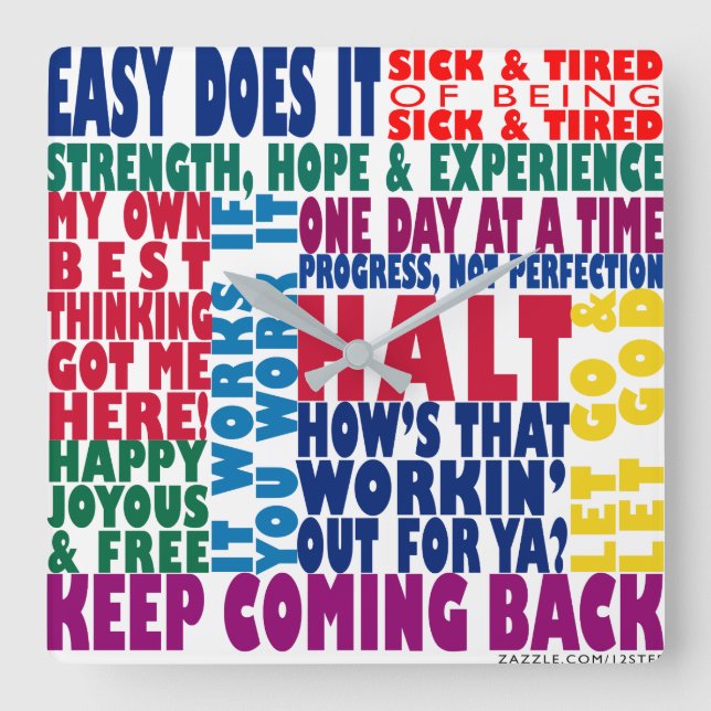 Relógio Quadrado Slogans de 12 Etapas (Frente)