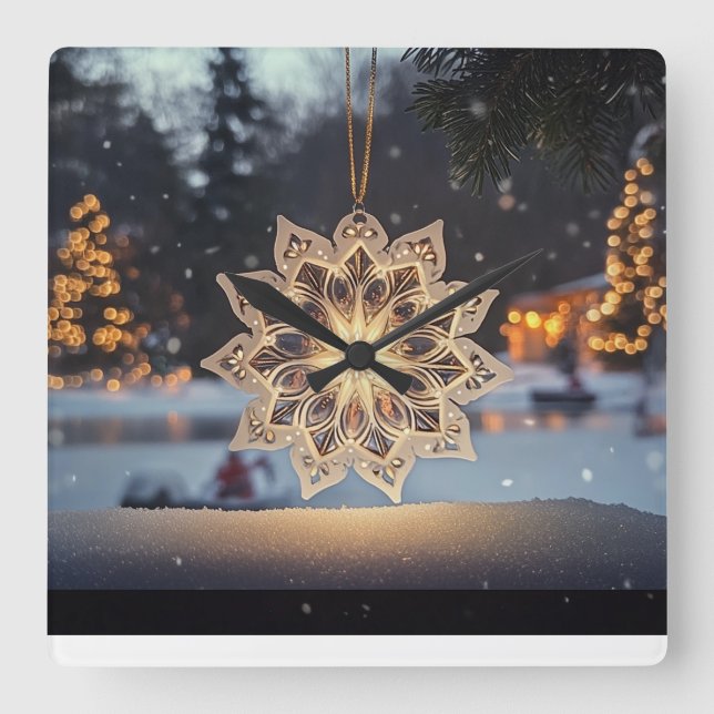 Relógio Quadrado Snowflake Ornament Winter Wall Clock (Frente)