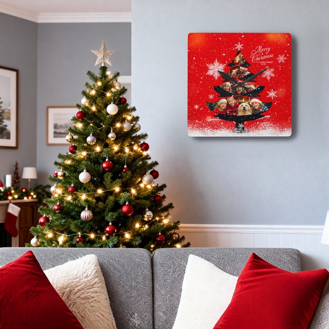 Relógio Quadrado Snowy Merry Christmas Family Photo Tree (Criador carregado)