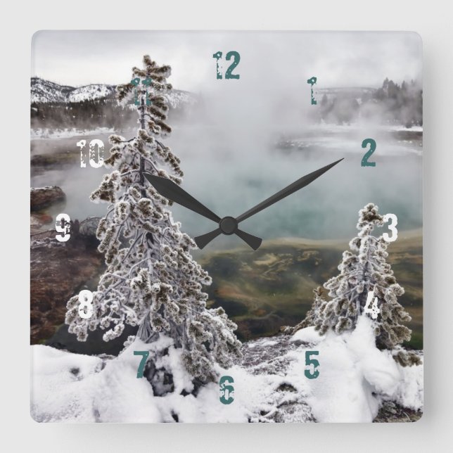 Relógio Quadrado Snowy Yellowstone (Frente)