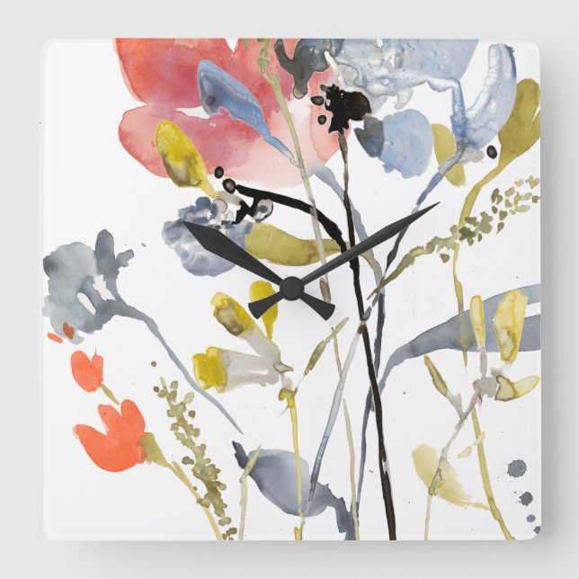 Relógio Quadrado Sobreposição de Flor - Flores de Pastel de Aquarel (Frente)