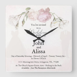 Relógio Quadrado Soft Pink Roses & Bride and Groom Collection