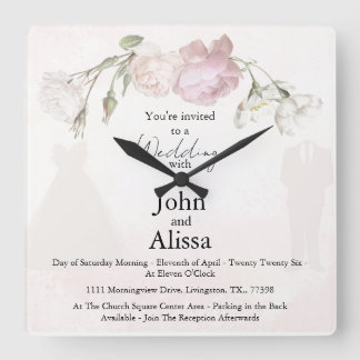 Relógio Quadrado Soft Pink Roses & Bride and Groom Collection