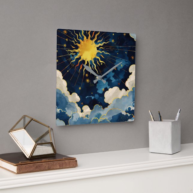 Relógio Quadrado Sol Celeste Moderno Estrelas e Nuvens Azuis (Escritório)