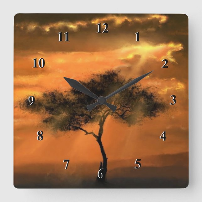 Relógio Quadrado Solitário Árvore Sunbeams Moderno Wall Clock (Frente)