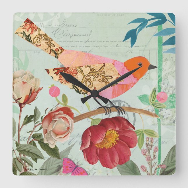 Relógio Quadrado Songbird do estilo de colagem (Frente)