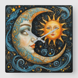 Relógio Quadrado Sonho Celestial Whimsical: Lua e Sol.
