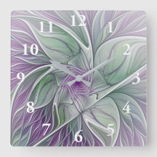 Relógio Quadrado Sonho de Flor, Arte Fractal Verde Abstrato púrpura