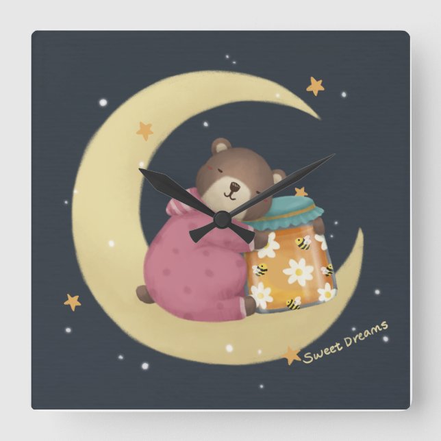 Relógio Quadrado Sonhos Doces: Ilustração de Urso e Mel (Frente)
