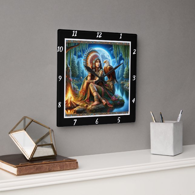 Relógio Quadrado Sonhos Nativos: Reflexão da Lua dos Olhos da Águia (Escritório)