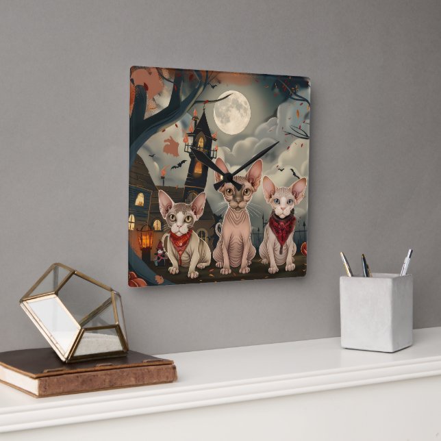 Relógio Quadrado Sphynx Cat Halloween Spooky (Escritório)