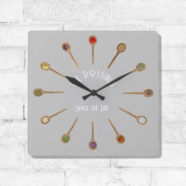 Relógio Quadrado Spice of Life Wall Clock, 27,3 cm quadrados acríli (Spice of Life Family Kitchen Clock)
