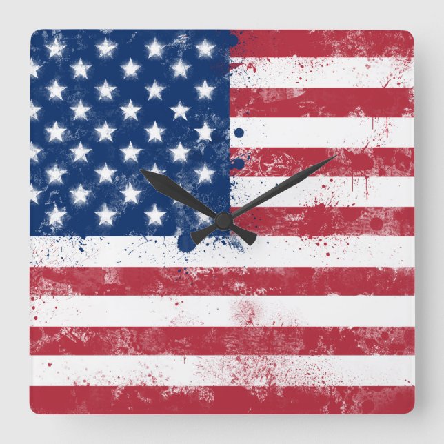 Relógio Quadrado Splatter Painted American Flag (Frente)
