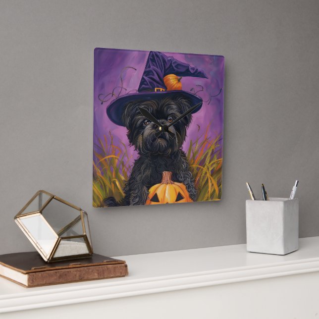 Relógio Quadrado Spooky Affenpinscher Halloween Witch e Pumpkin (Escritório)