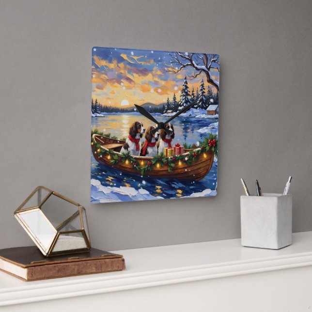 Relógio Quadrado Springer Spaniel Christmas Boat Holiday (Escritório)