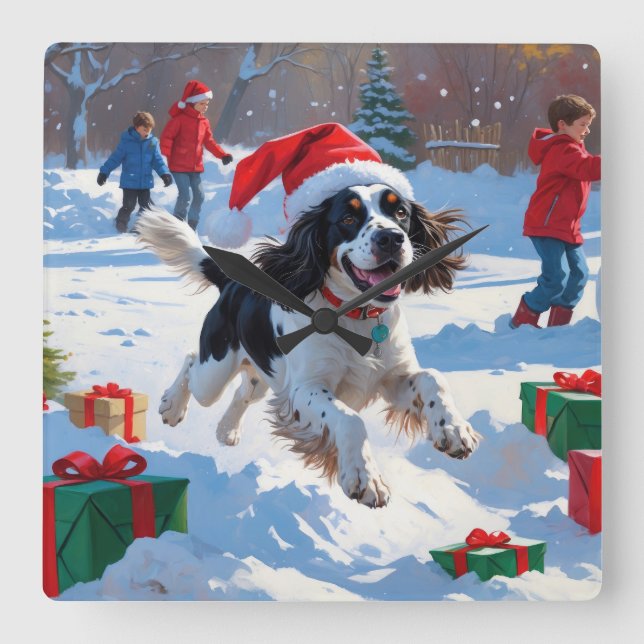 Relógio Quadrado Springer Spaniel Correndo Neve com Chapéu de Natal (Frente)