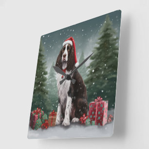 Relógio Quadrado Springer Spaniel Dog no Natal da Neve