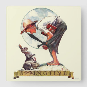 Relógio Quadrado Springtime, garoto de 1935 com coelho