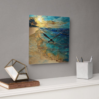 Relógio Quadrado Stained Glass Ocean Beach Wall Clock