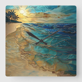 Relógio Quadrado Stained Glass Ocean Beach Wall Clock