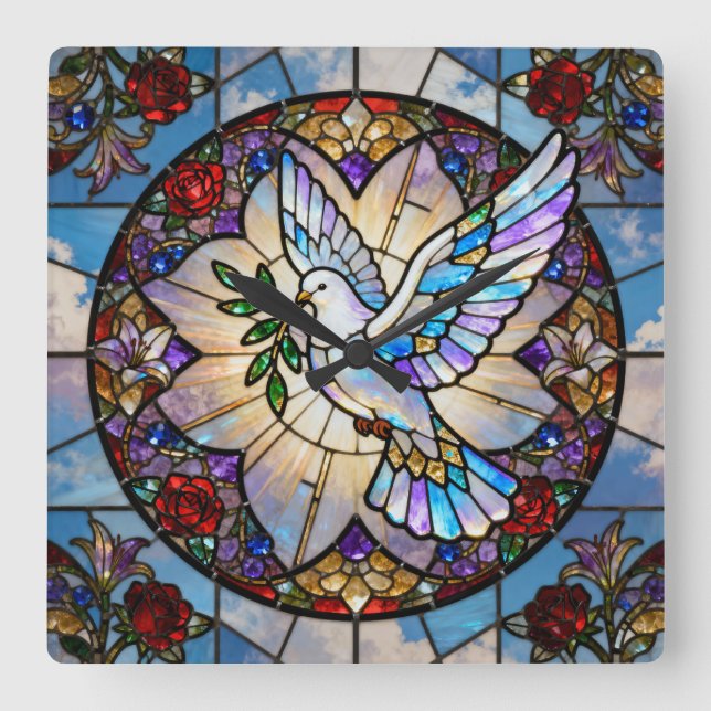Relógio Quadrado Stained Glass Peace Dove Wall Clock (Frente)